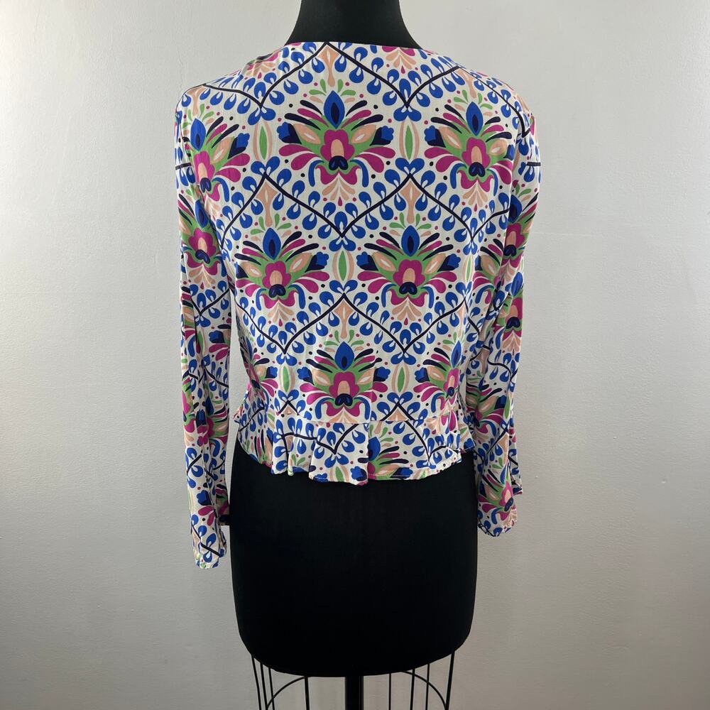 ZARA White Blue Red Print Bell Sleeve V-Neckline Button Down Shirt Size M Medium - Picture 7 of 9